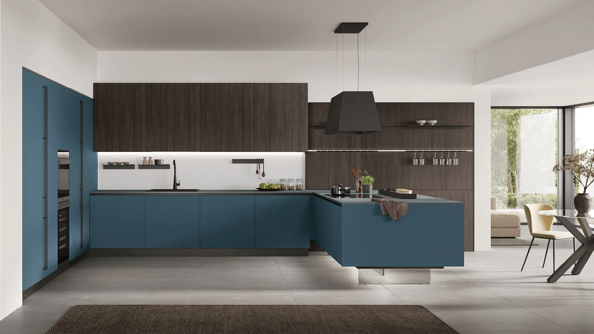 Young 02 Rovere Moka, Oltremare opaco, top Sapienstone Blue Steel.